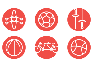 icons of a kayak, soccer ball, ski poles, goalball, bike, and baseball icons of a kayak, soccer ball, ski poles, goalball, bike, and baseball
