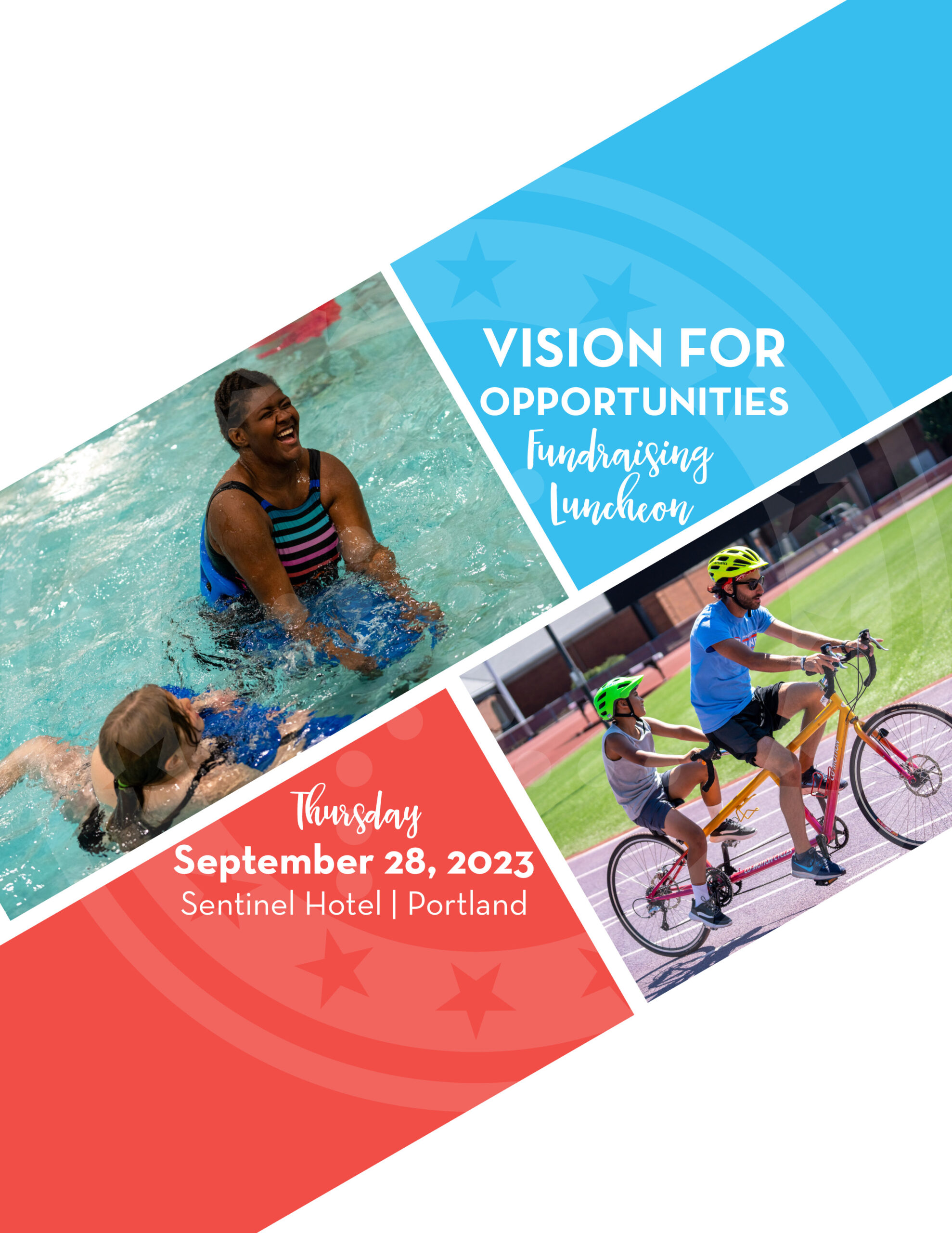 Quadrant image: young girl and female volunteer playing in a pool and laughing. NWABA male counselor riding in the front of a tandem bicycle with a young boy athlete in the back. Both are wearing safety helmets. Text: 11th annual vision for opportunities fundraising luncheon. Thursday, September 28, 2023.