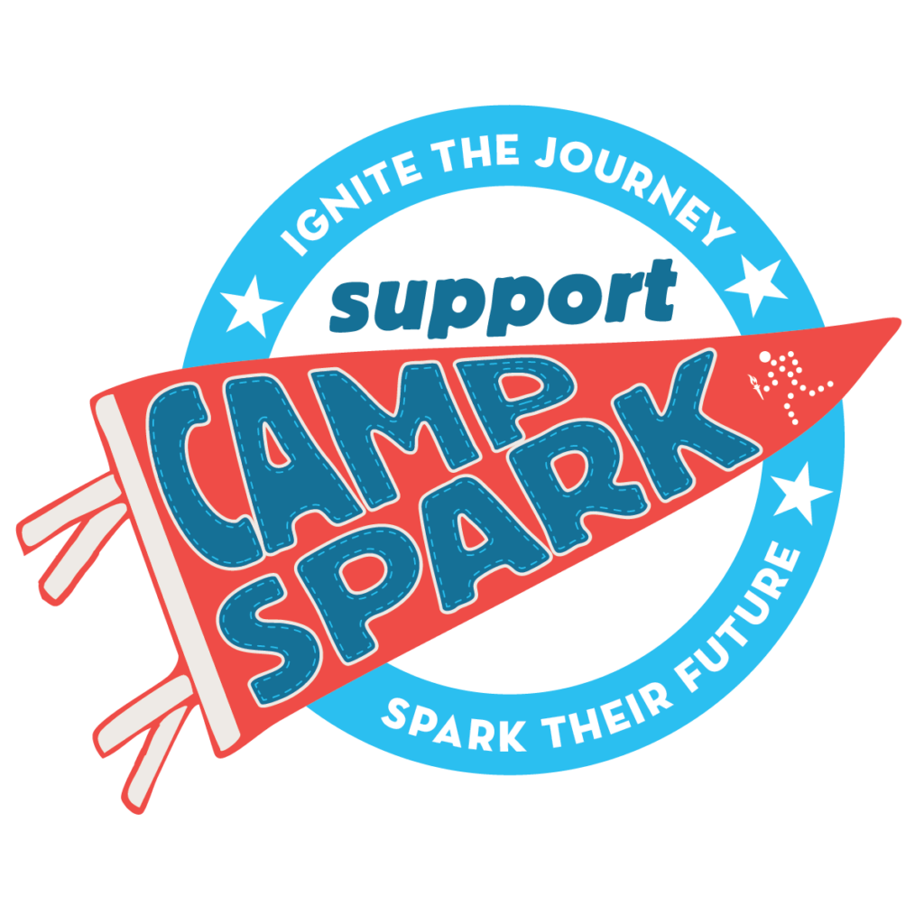 the words "support camp Spark" in a cartoon felted triangular flag. The words "Ignite the Journey, Spark their Future" in a circle around the flag