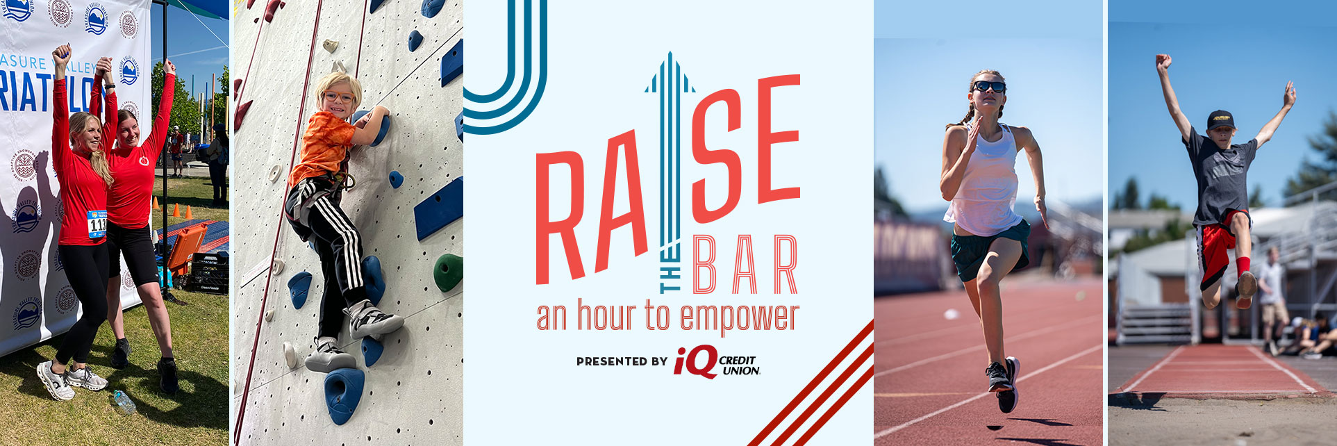 Raise the Bar: an Hour to Empower presented by iQ Credit Union logo with collage of NWABA athletes